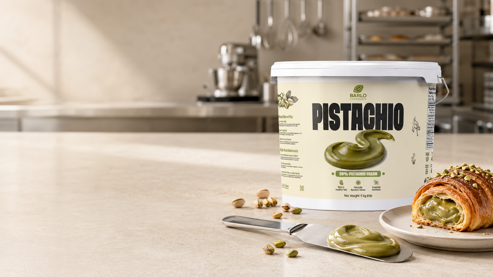 Five kilogram foodservice tub of pistachio cream